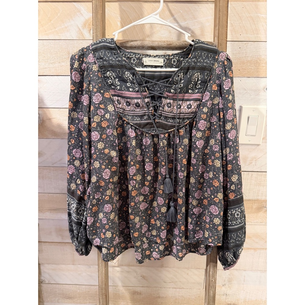 Lucky Brand Floral Lace Up Peasant Top Charcoal Grey Boho Tassel Blouse Small